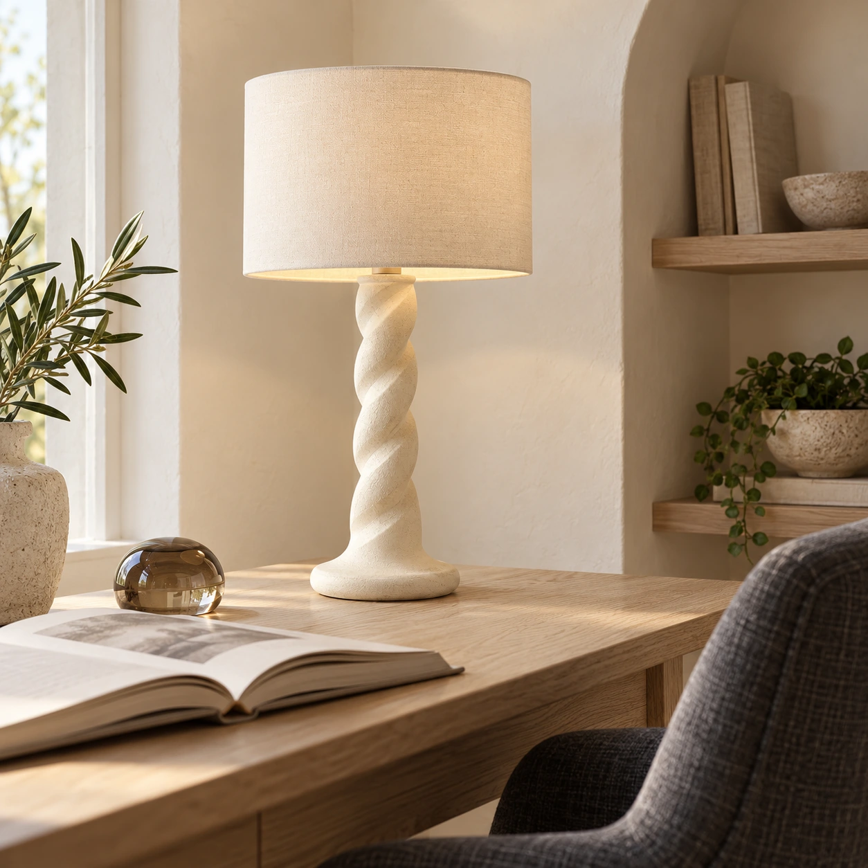 Twisted carved wood table lamp on an oak reading desk