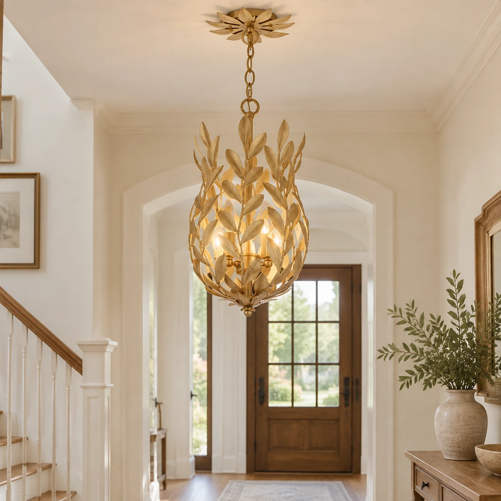 Aurelia leaf cage pendant light in a bright American-rustic entry hall