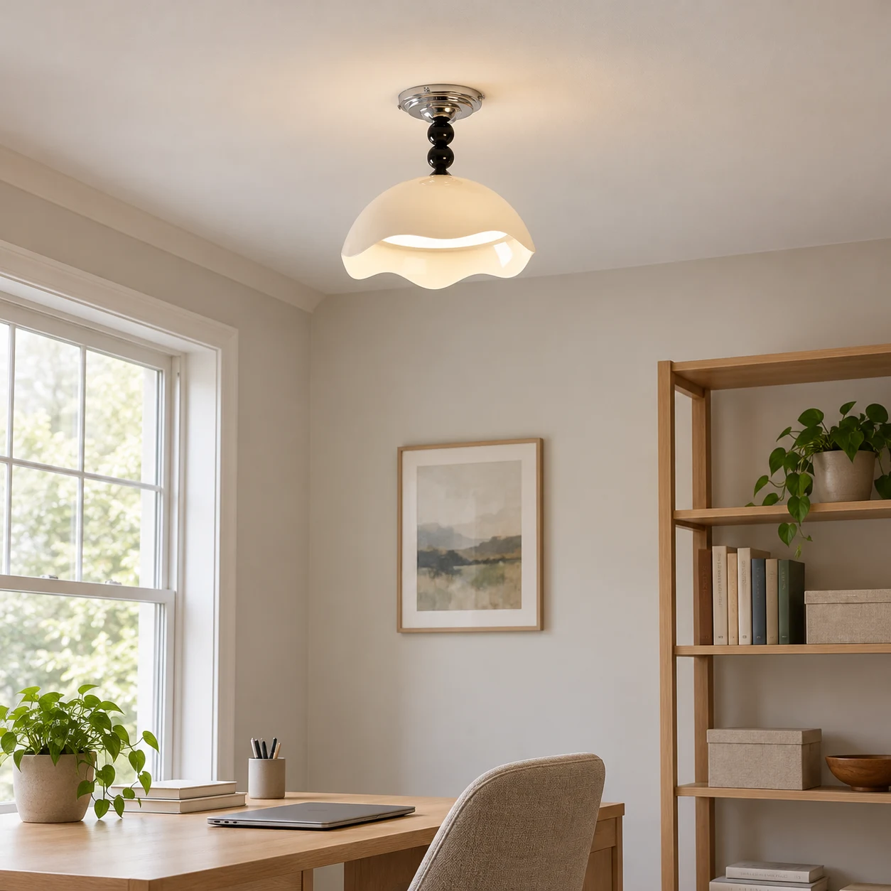 Mira Memphis Scalloped Acrylic and Metal Flush Mount Ceiling Light — scene cream office