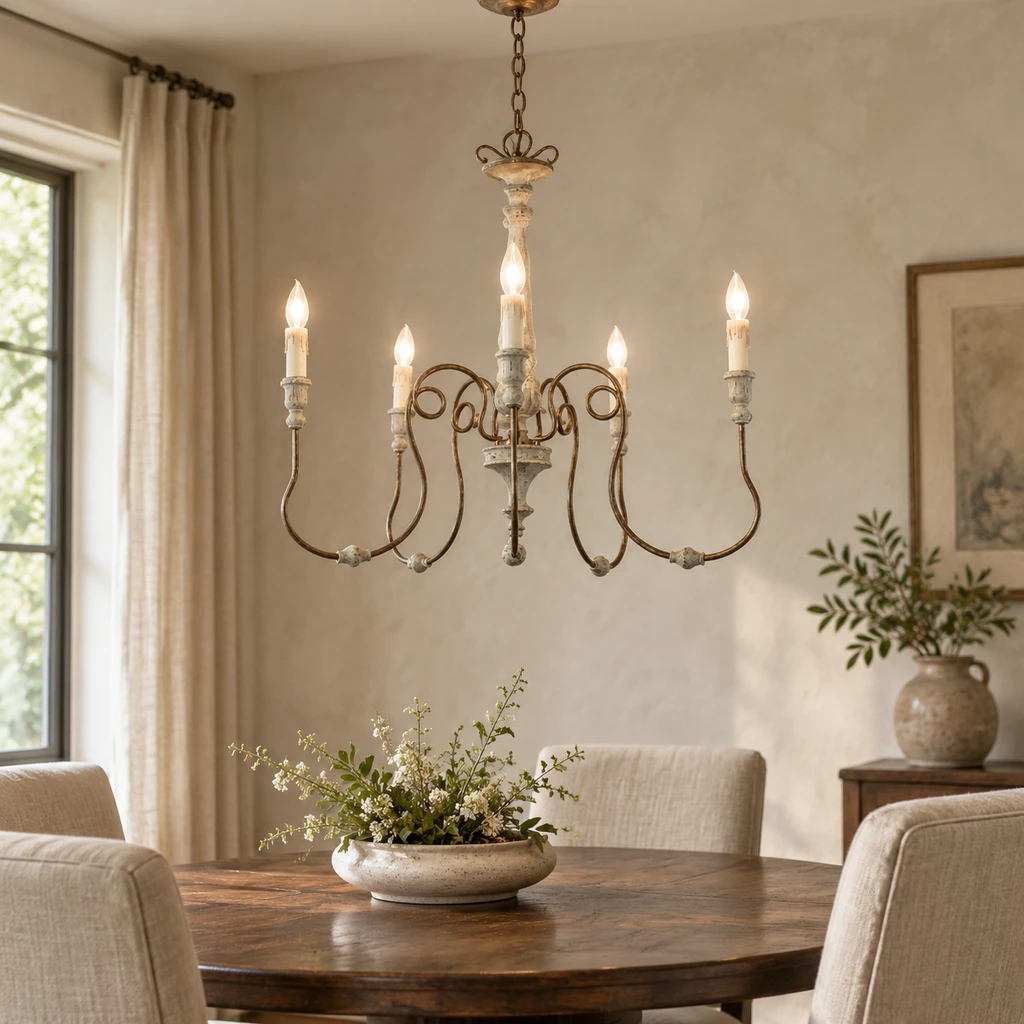 Lucien chandelier above a compact dark walnut dining table