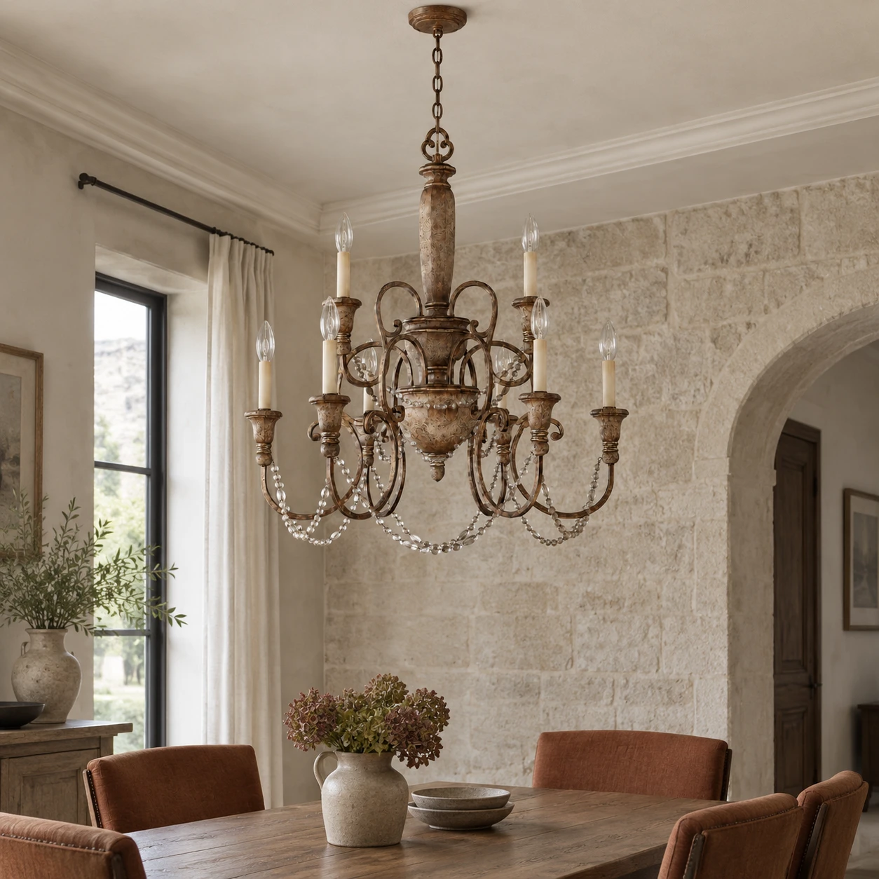 Eight-light double-layer chandelier in a limestone B&B dining room