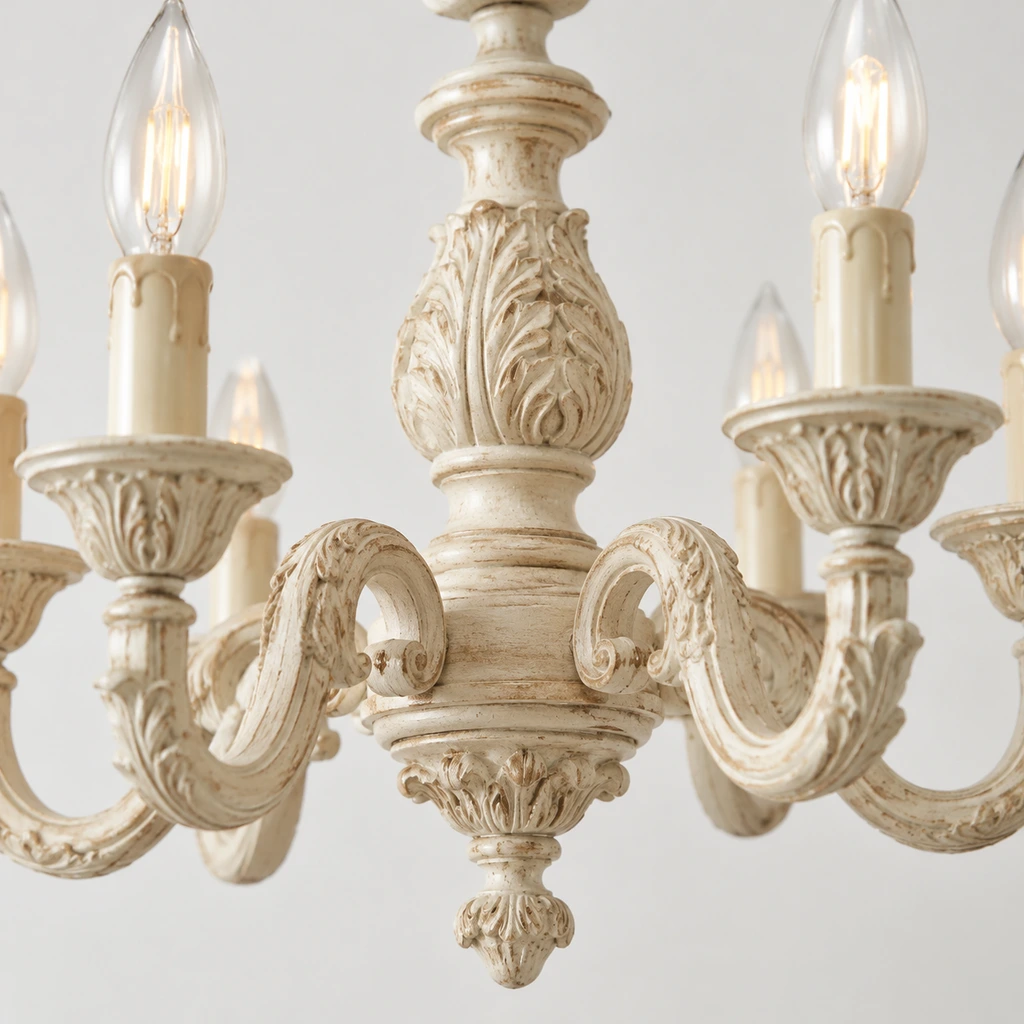 Close detail of the curved candle-style arms and center ornament