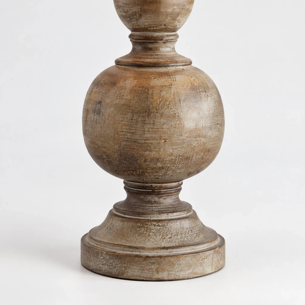 Close detail of the white cylindrical shade, twisted carved column and round base