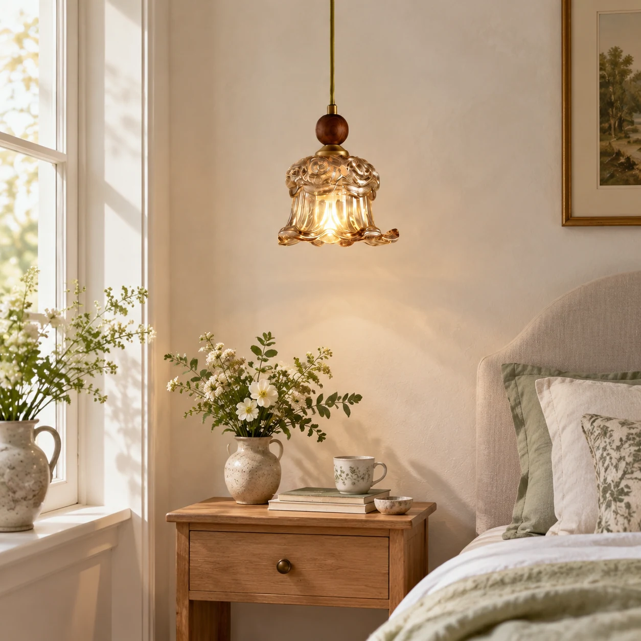 Mila floral glass pendant light in a bedroom reading corner