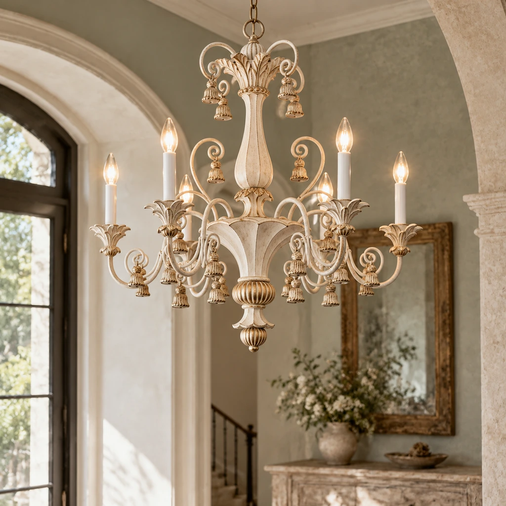 Bellamy six-light carved ivory chandelier in a chalky sage entry hall