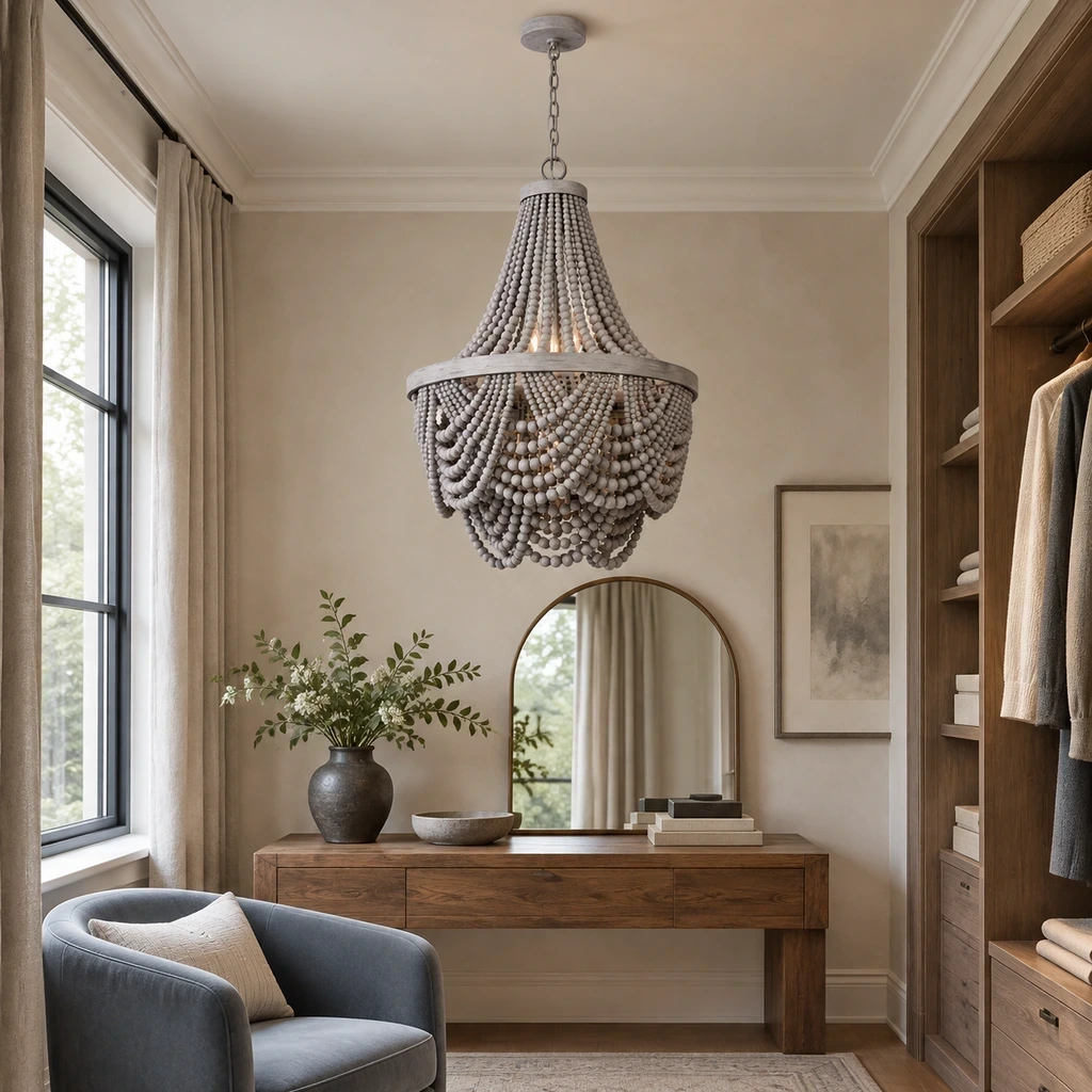 Nordic Gray Wood Beaded Chandelier above a warm walnut console