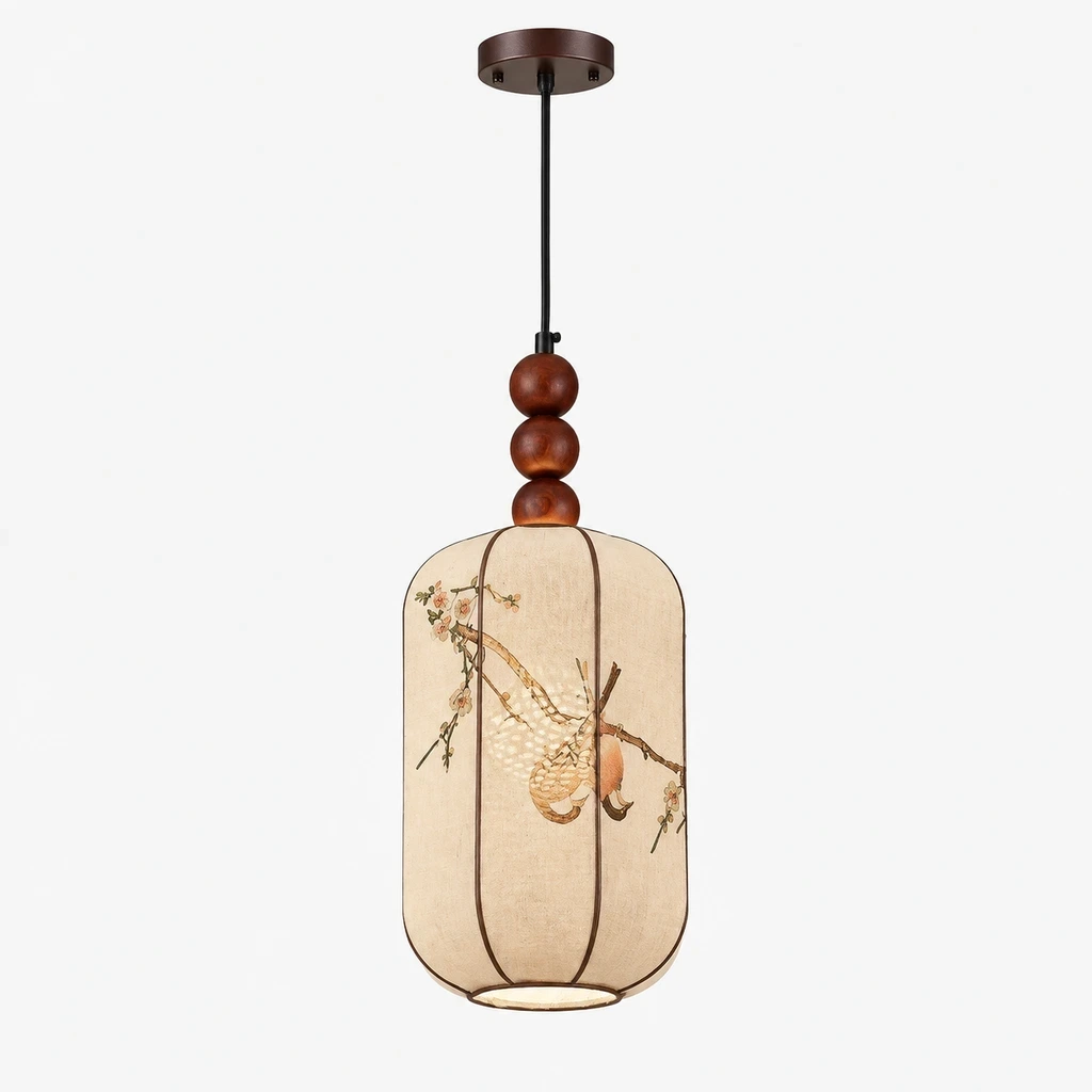 Avery Vintage Single-Light Iron Fabric Pendant Light switched off in a neutral studio