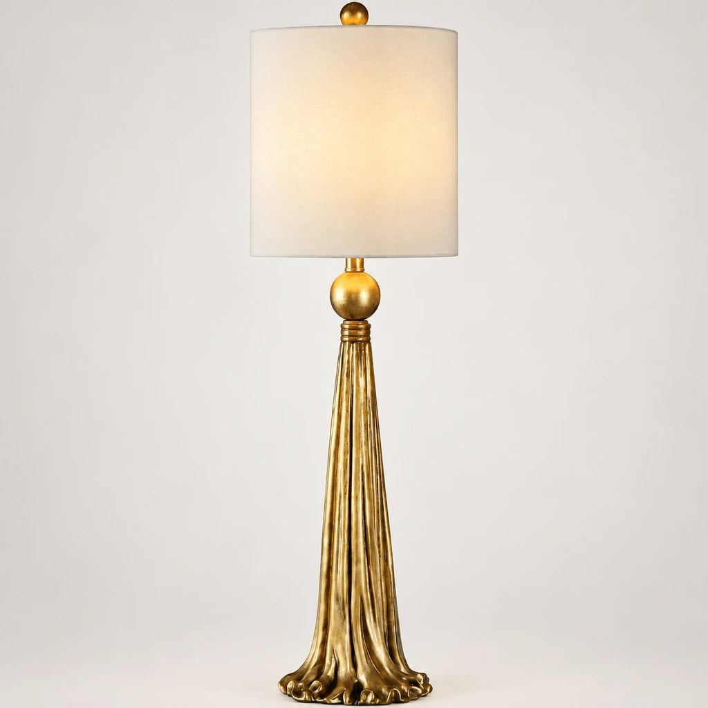 Carved gold table lamp illuminated in a neutral studio