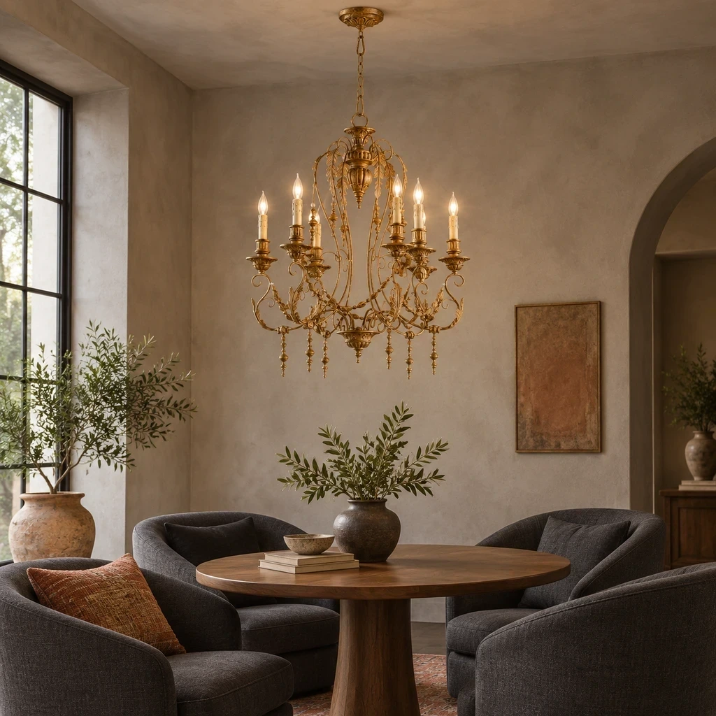 Merritt Vintage Sculpted Iron Chandelier with Six Lights above a walnut lounge table