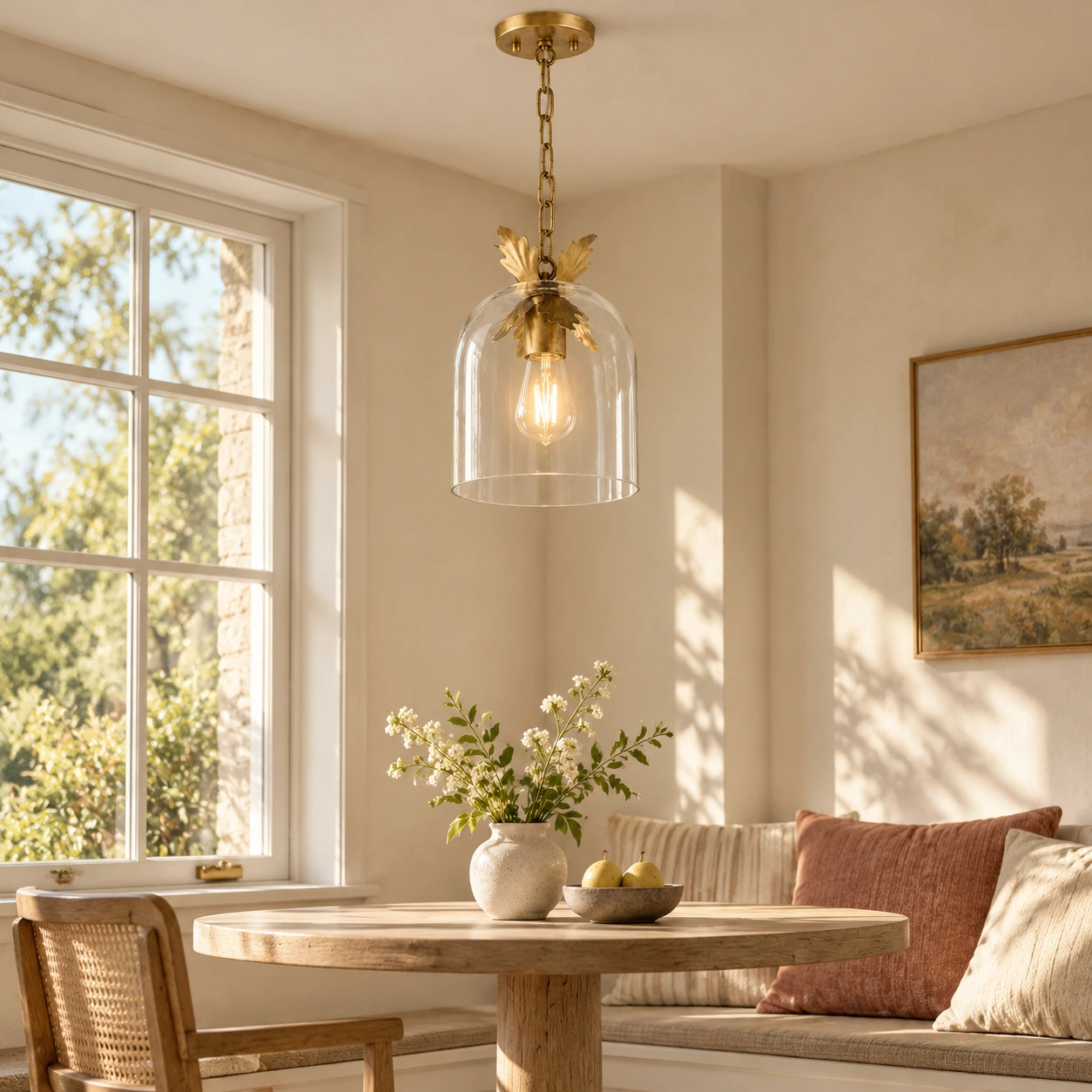 Leaf-trim glass pendant in a breakfast area