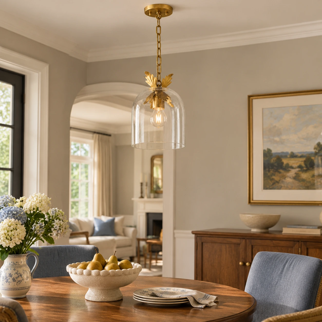 Antique gold glass pendant in a living area