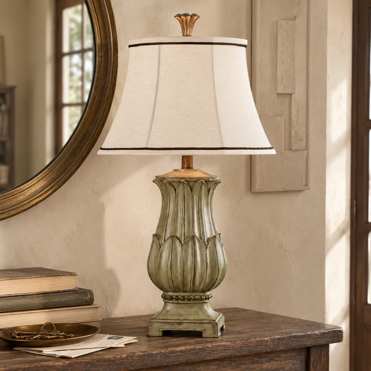 Marlowe antique wood table lamp on a rustic entry console
