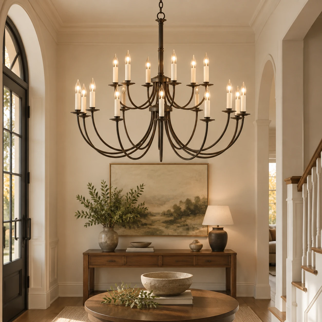 Iris European 18-Light Iron Chandelier in a residential interior