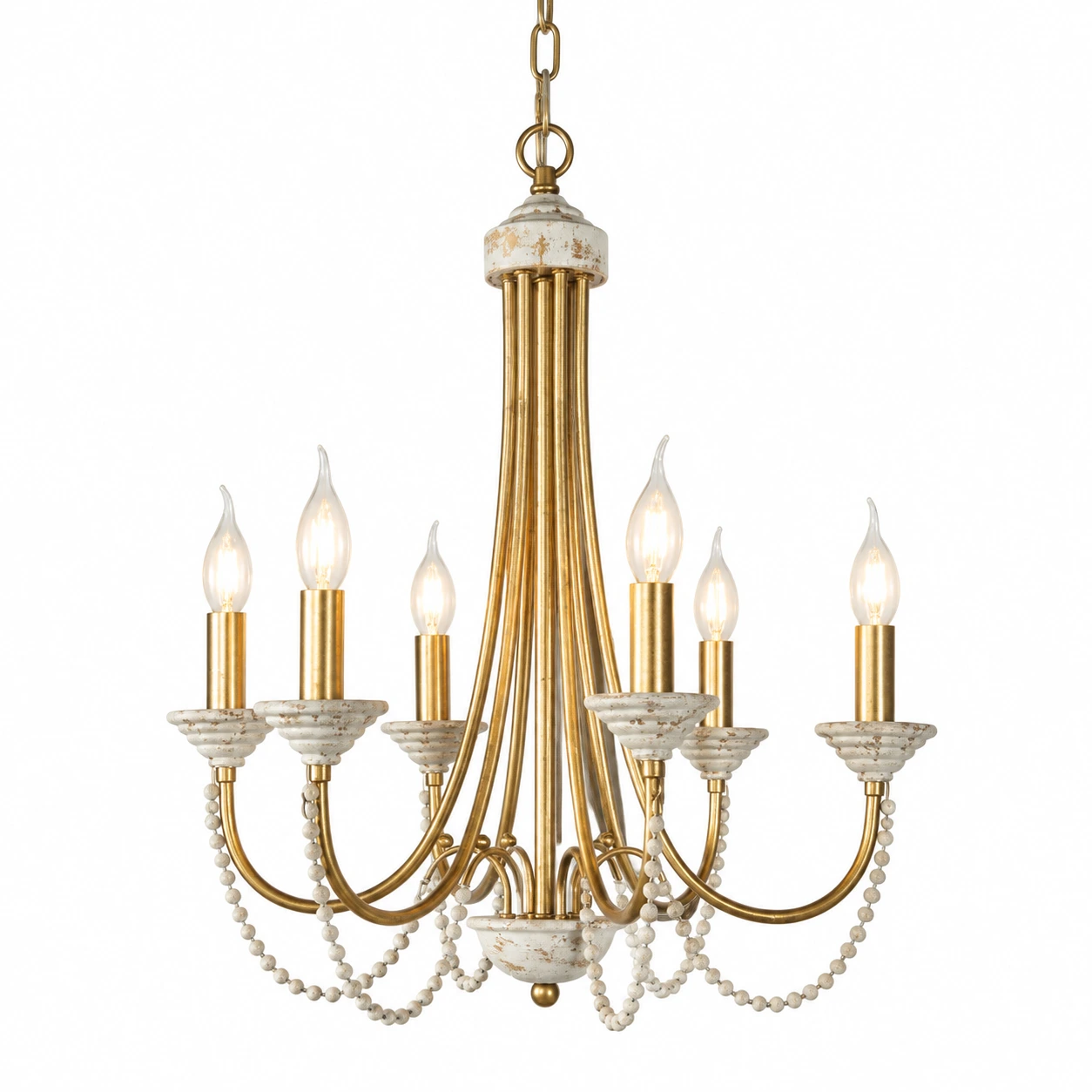 Antique gold six-light wood bead chandelier with irregular arm spacing