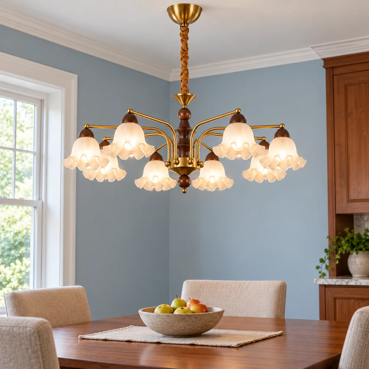 Elara Vintage Branched Walnut Wood Chandelier — scene mid near