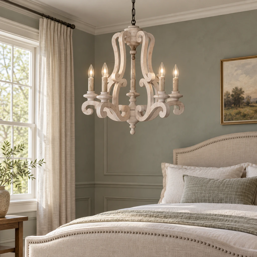 Beatrice chandelier above a restrained bedroom setting