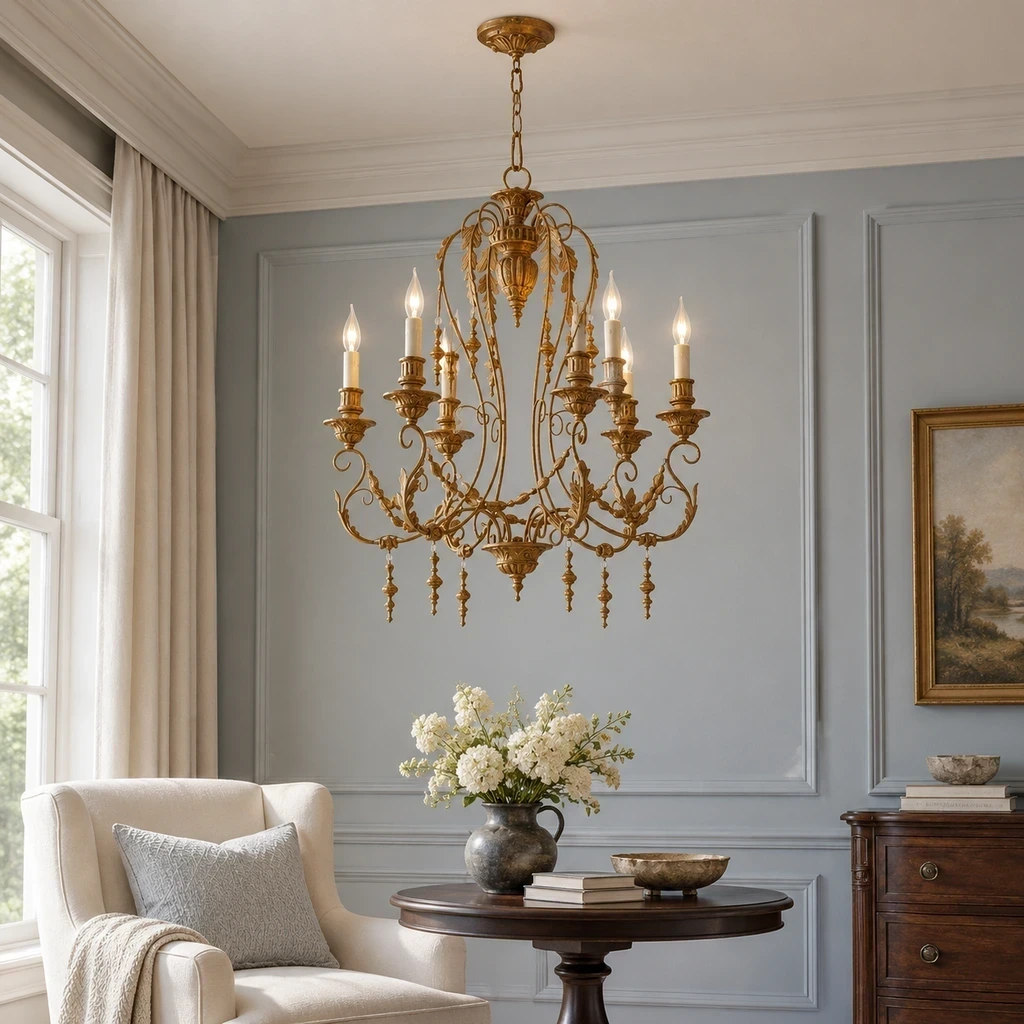 Merritt Vintage Sculpted Iron Chandelier with Six Lights in a blue-gray bedroom sitting zone
