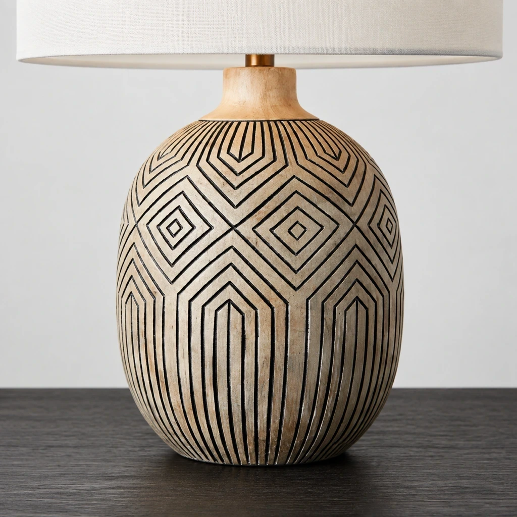 Close detail of the rounded wood base resting on a tabletop