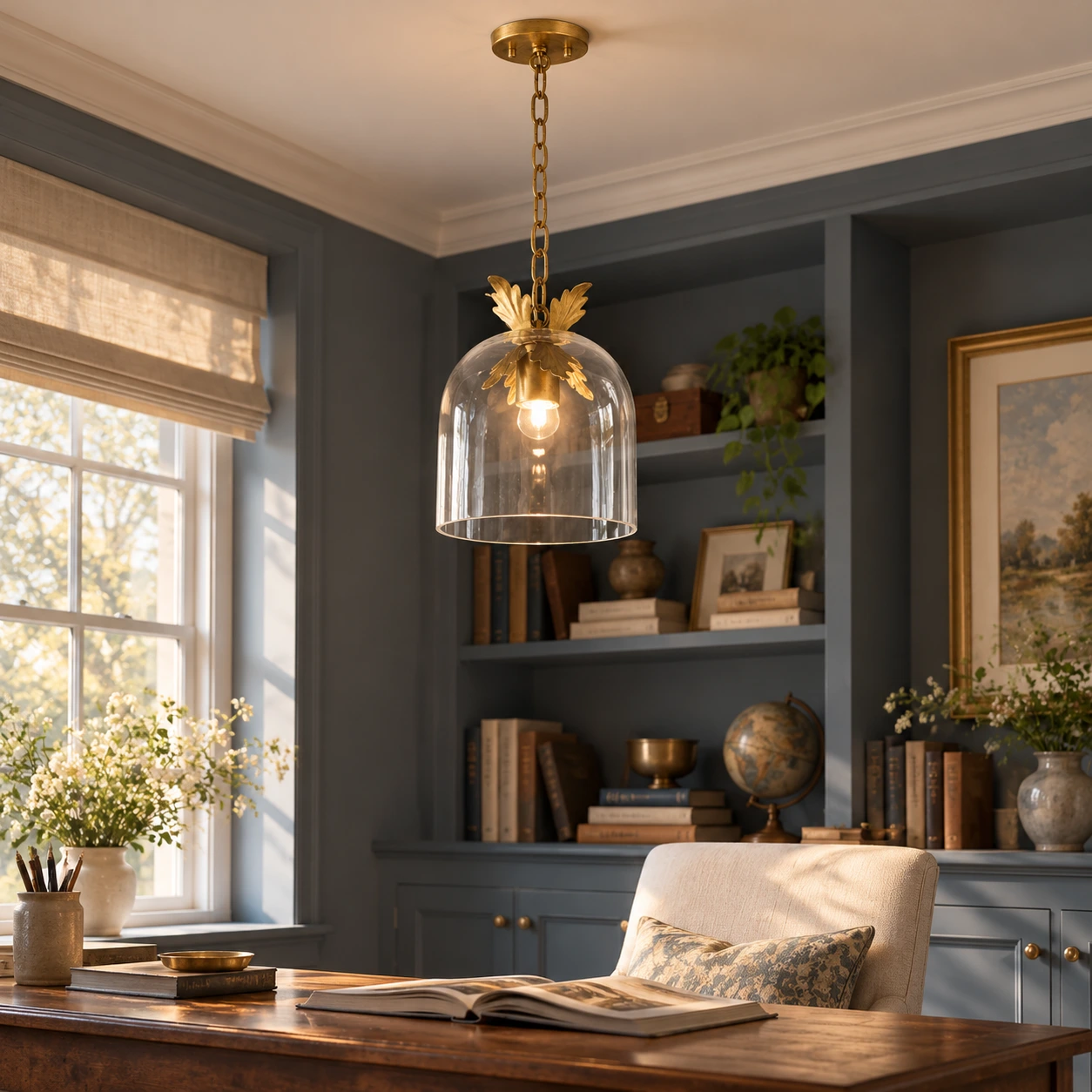 Small glass pendant in a study corner
