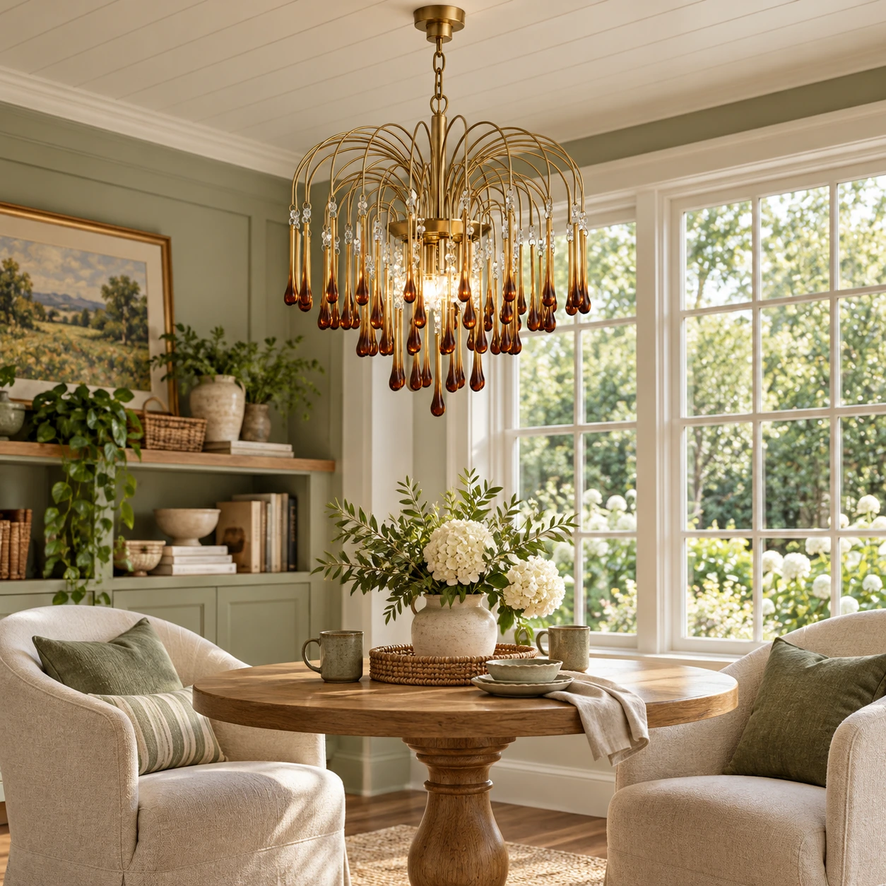 Elodie French Vintage Teardrop Glass and Metal Chandelier — scene sunroom 550