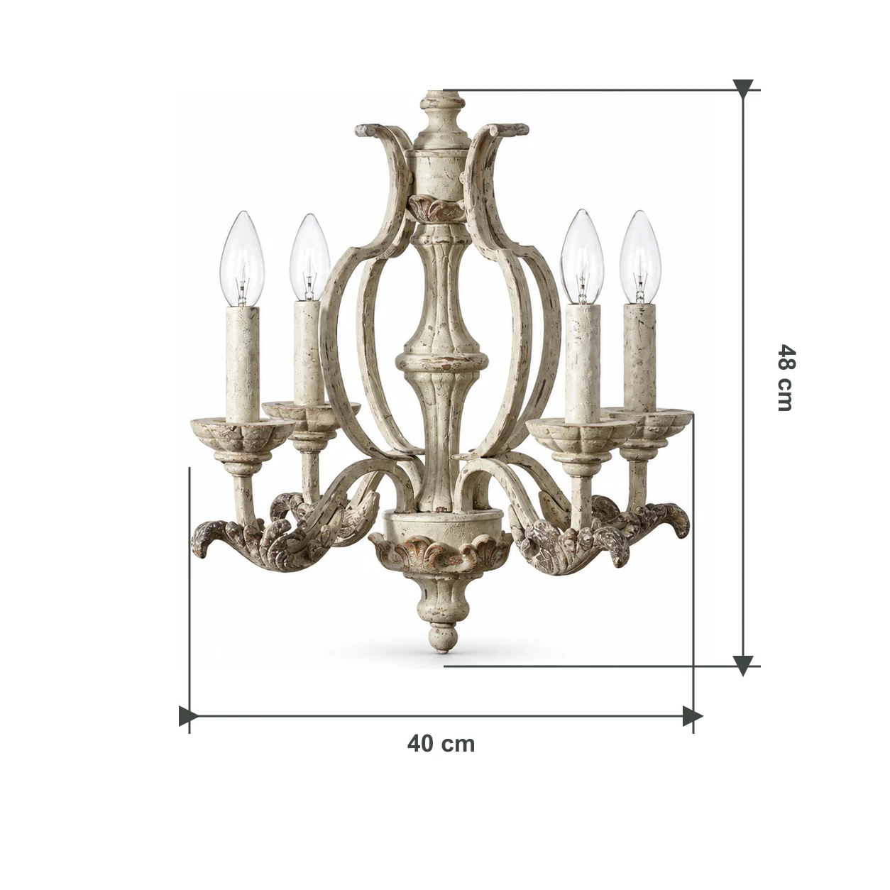 Vintage carved wood chandelier dimensions: 40 cm wide, 40 cm deep, and 48 cm high