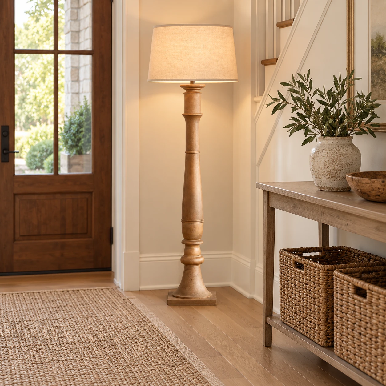Vera Rustic Carved Wood Floor Lamp in a residential interior