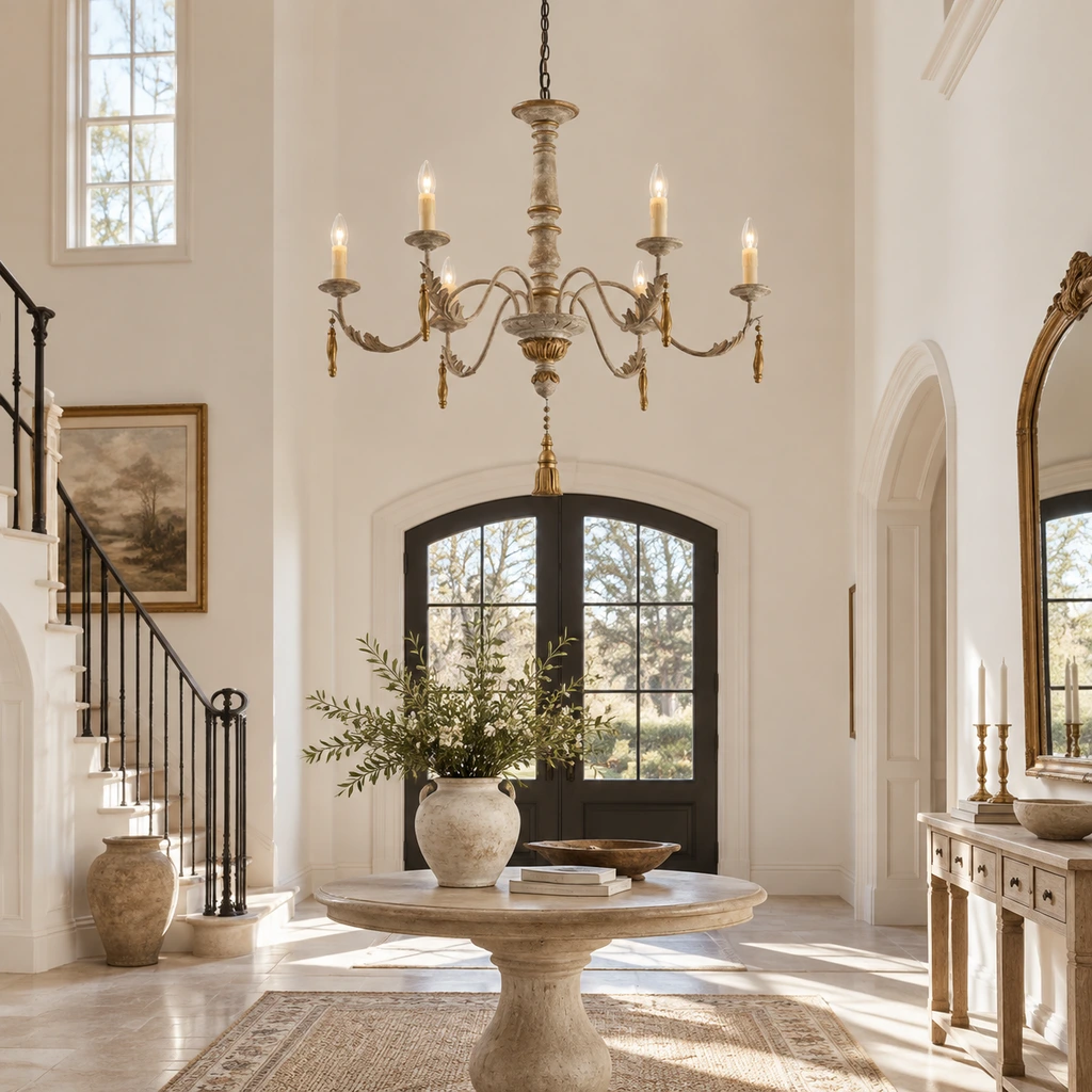Colette six-light candle chandelier installed in an entry hall