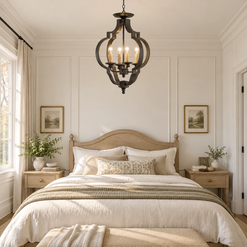 Ridgeway lantern chandelier in a bedroom without bedside lamps