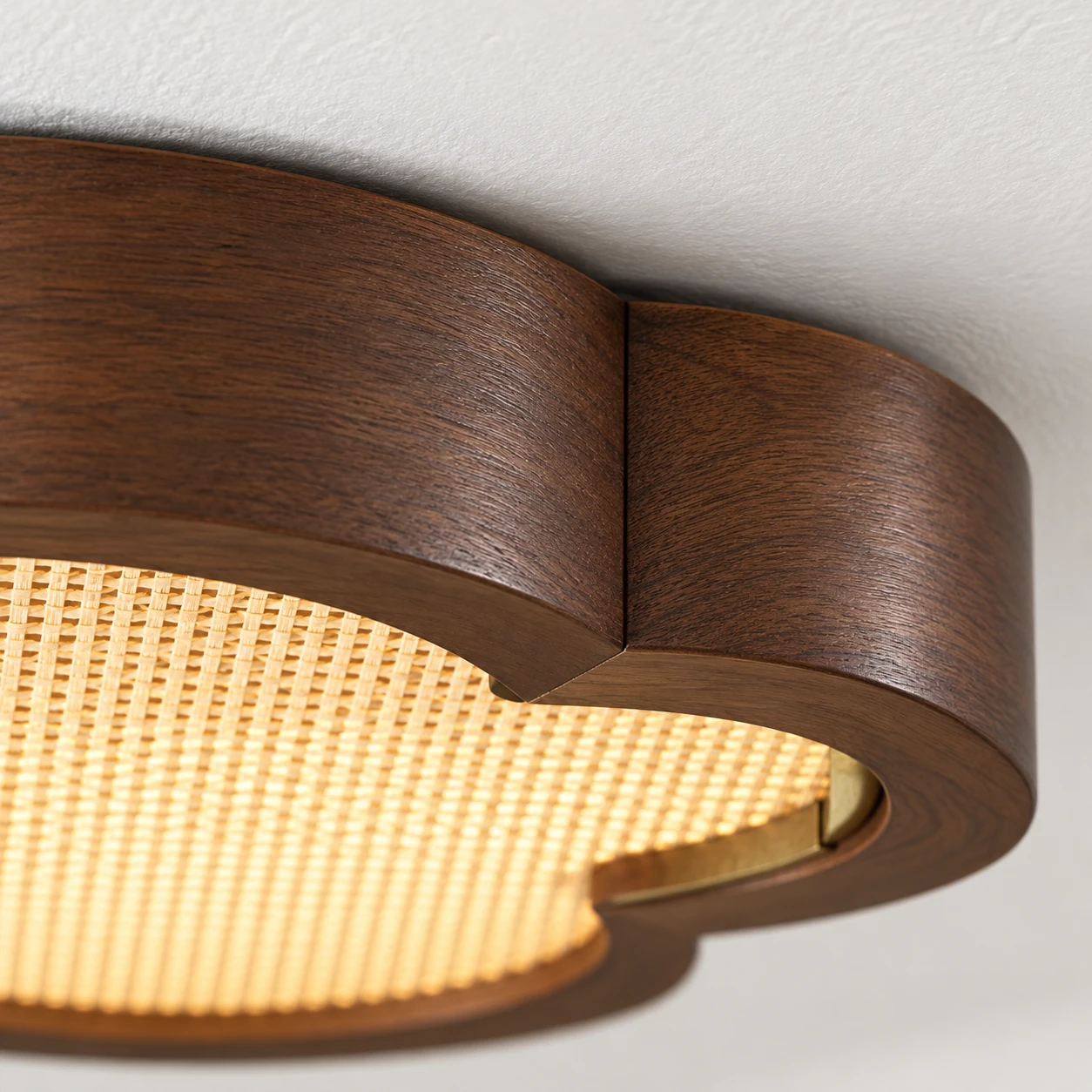 Mira Vintage Floral Walnut Wood Flush Mount Ceiling Light — walnut-colored floral rim detail
