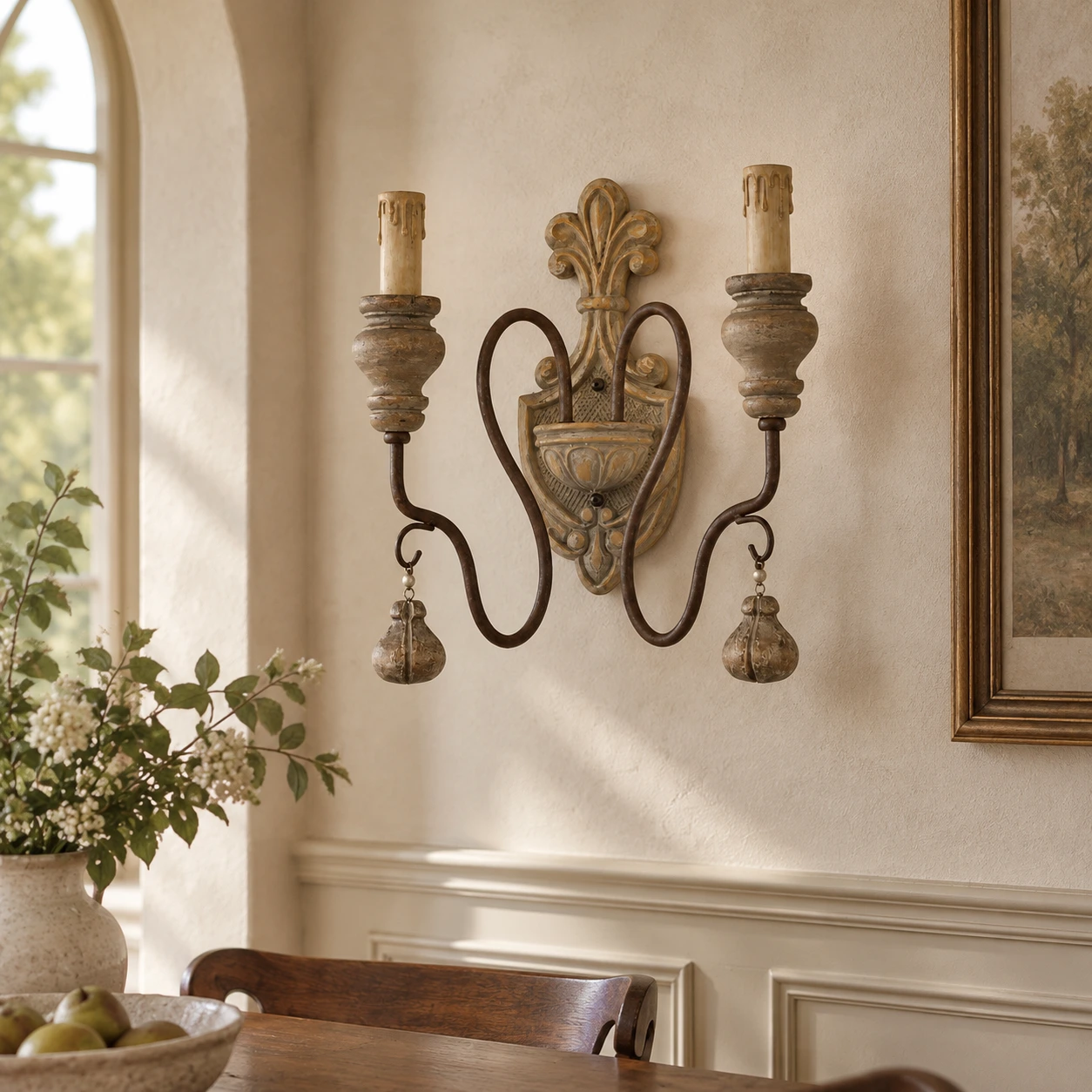 Mara Rustic Double-Arm Wood & Iron Wall Sconce — scene oldwood dining alcove