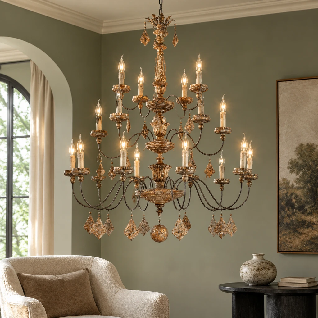 Marlowe chandelier in a muted mineral-green salon