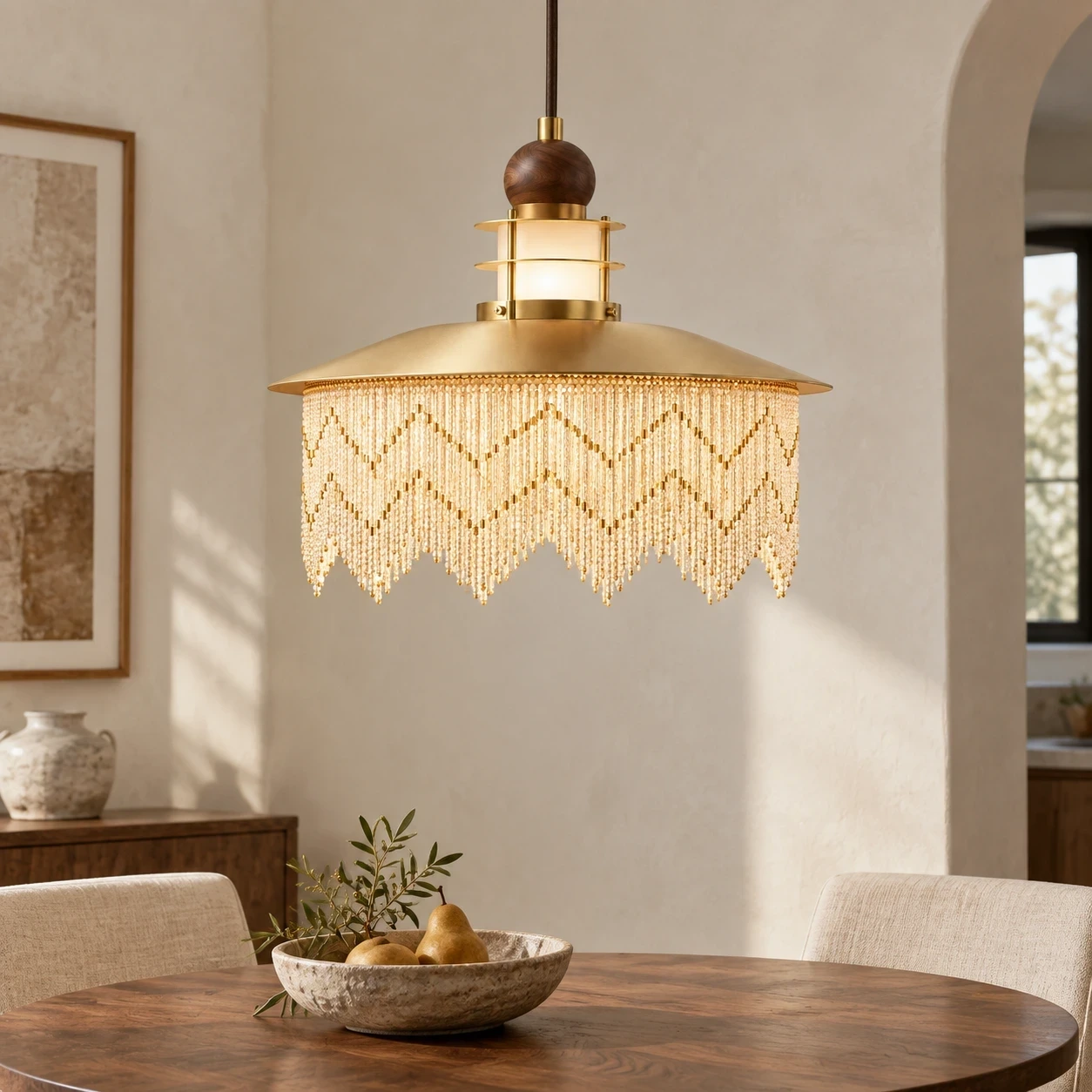 Wushlp Vintage Fringe Wood Pendant Light in a bedroom