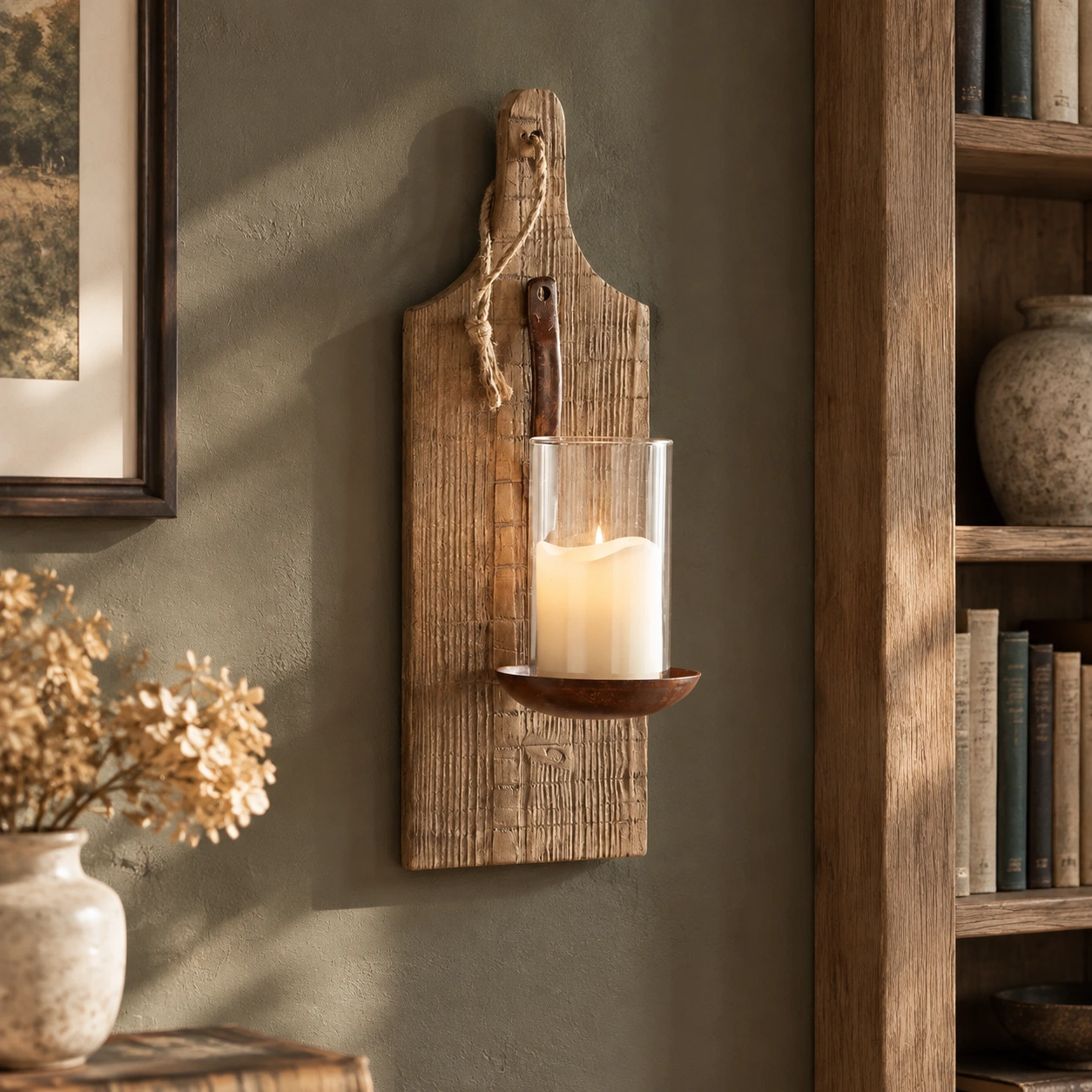 Amelia Vintage Carved Wood Wall Sconce in a residential interior