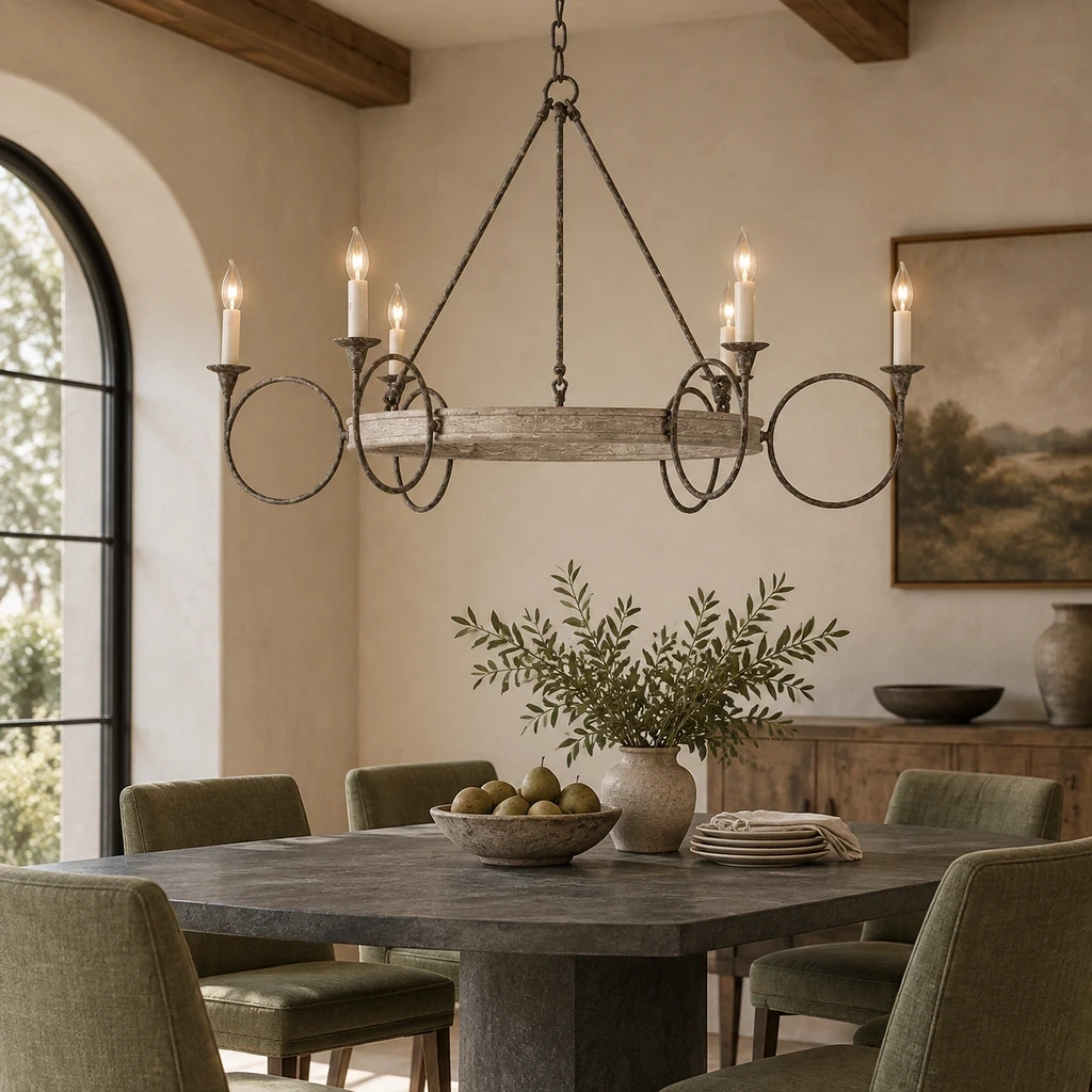 American Rustic Distressed Iron Ring Chandelier above a muted charcoal dining table