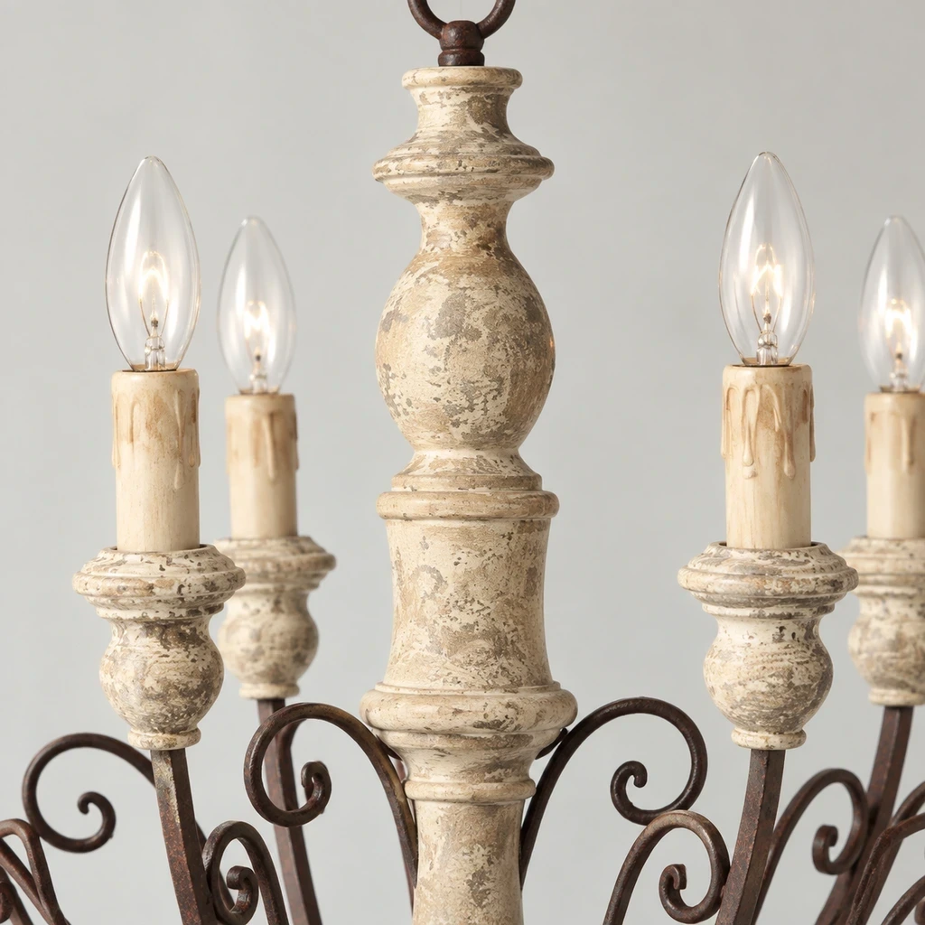 Close detail of the carved leaf crown, scrolling dark metal arms and distressed carved wood