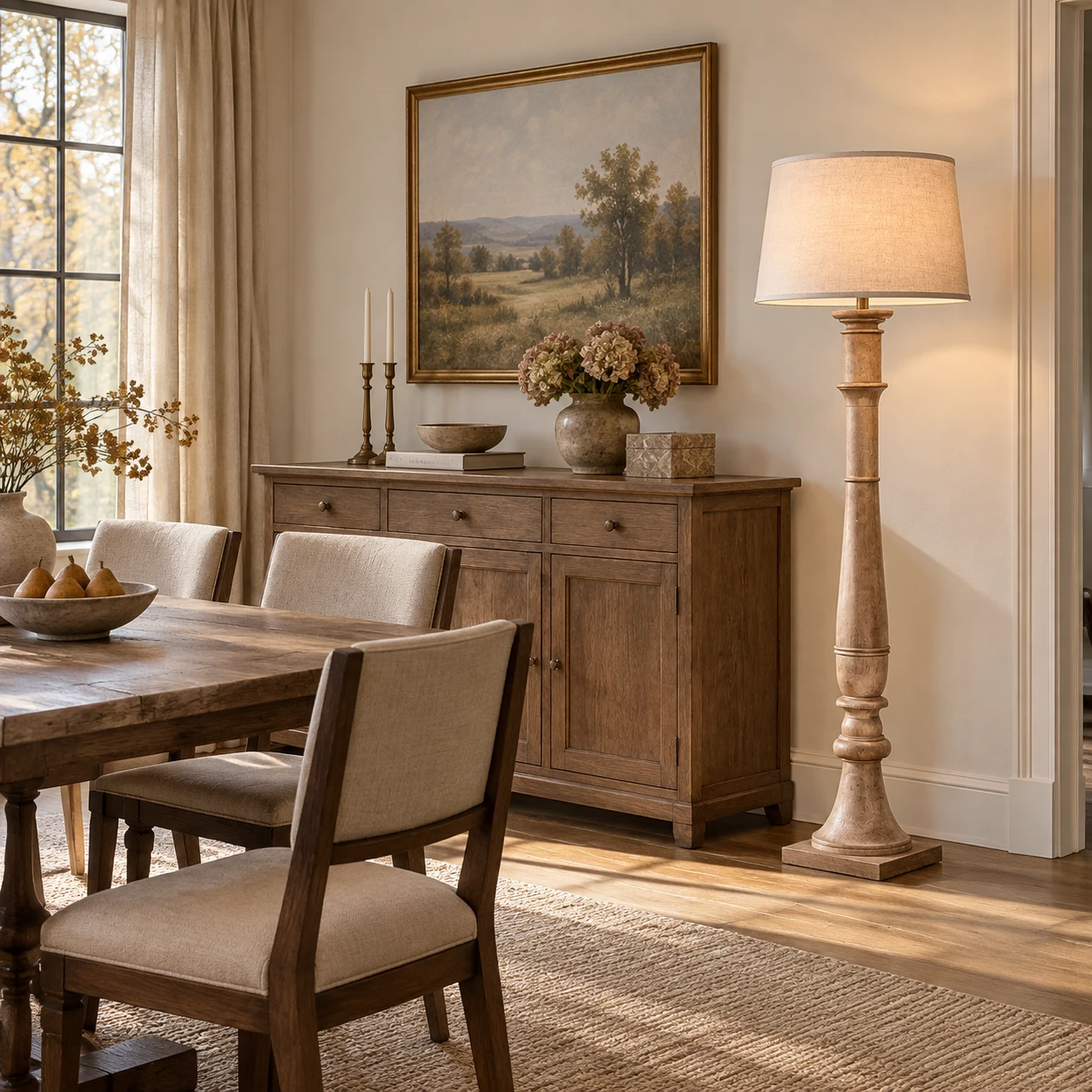 Vera Rustic Carved Wood Floor Lamp in a residential interior