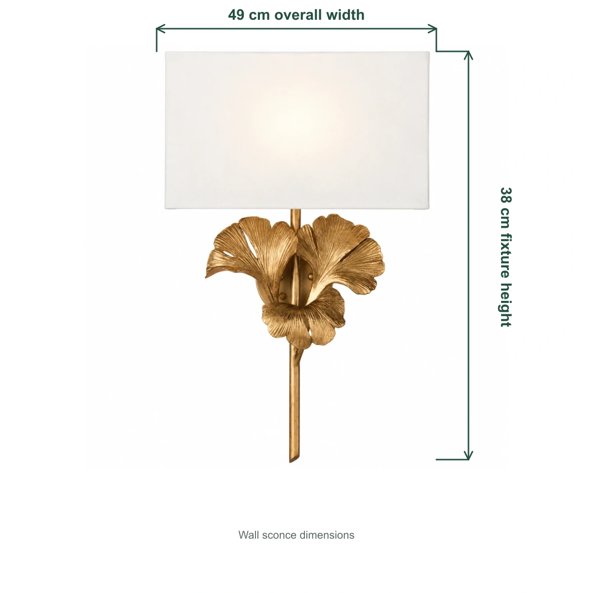 Wall sconce dimensions: 49 cm overall width and 38 cm fixture height