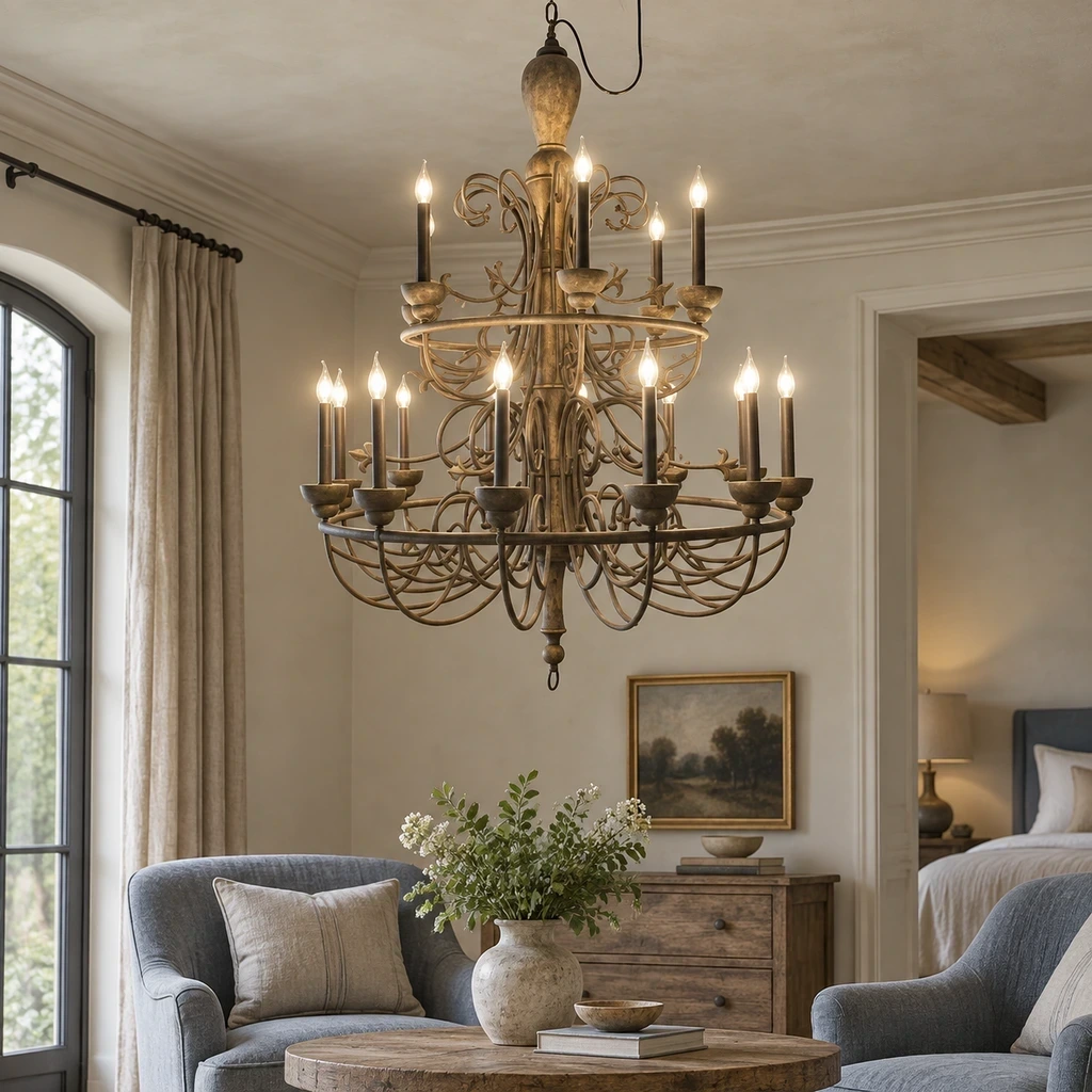 Rustic Multi-Tier Carved Wood Chandelier above a blue-gray linen seating zone
