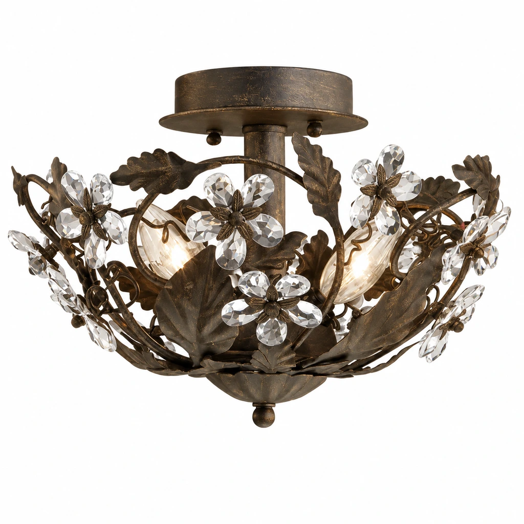Antique brass Elodie floral crystal ceiling light on a white background