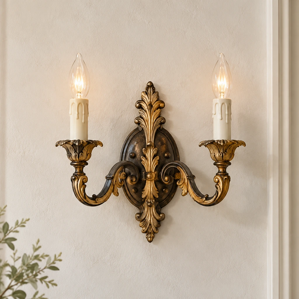 Marcellus ornate gold wall sconce illuminated on pale plaster