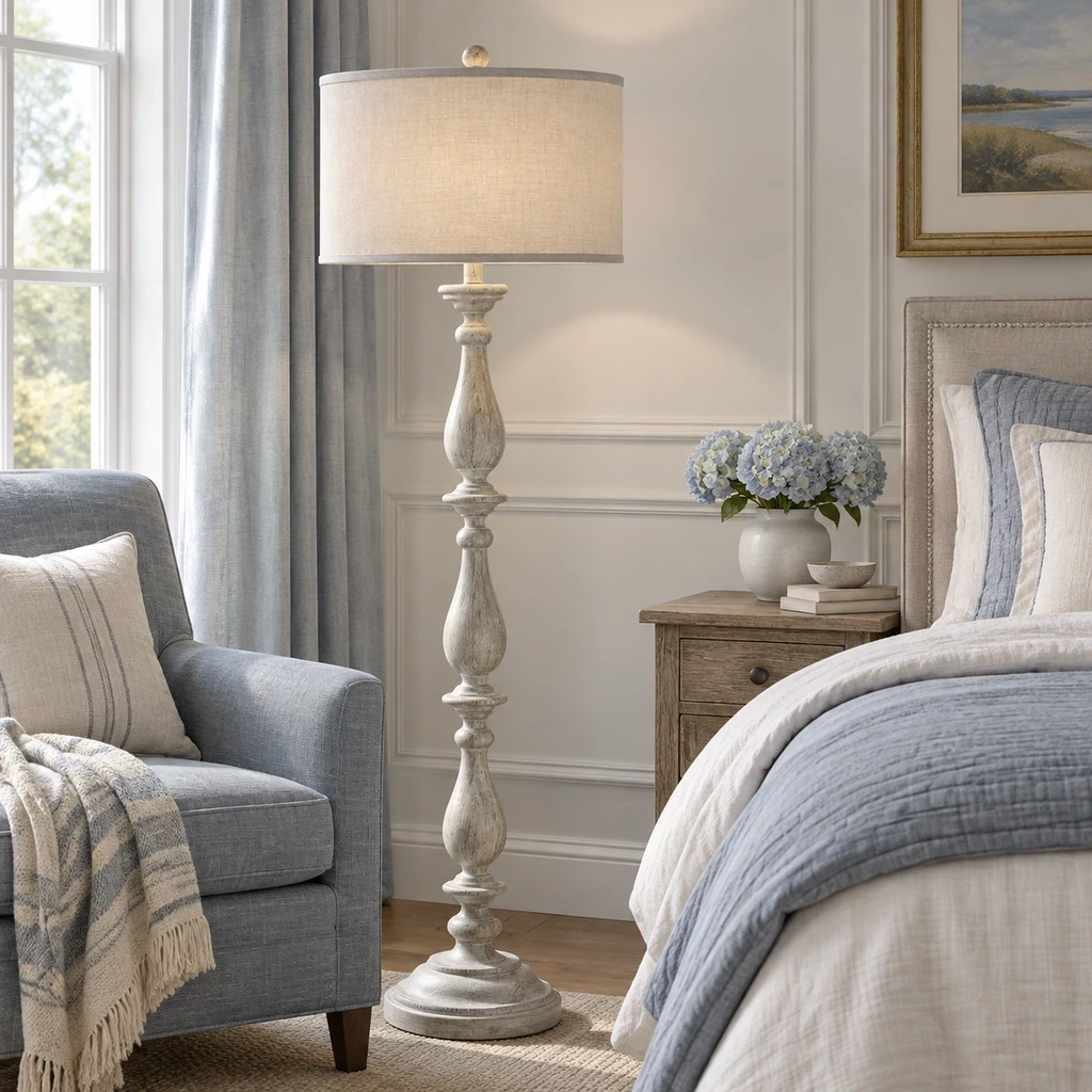 French Rustic Carved Wood Floor Lamp above a blue-gray linen bed