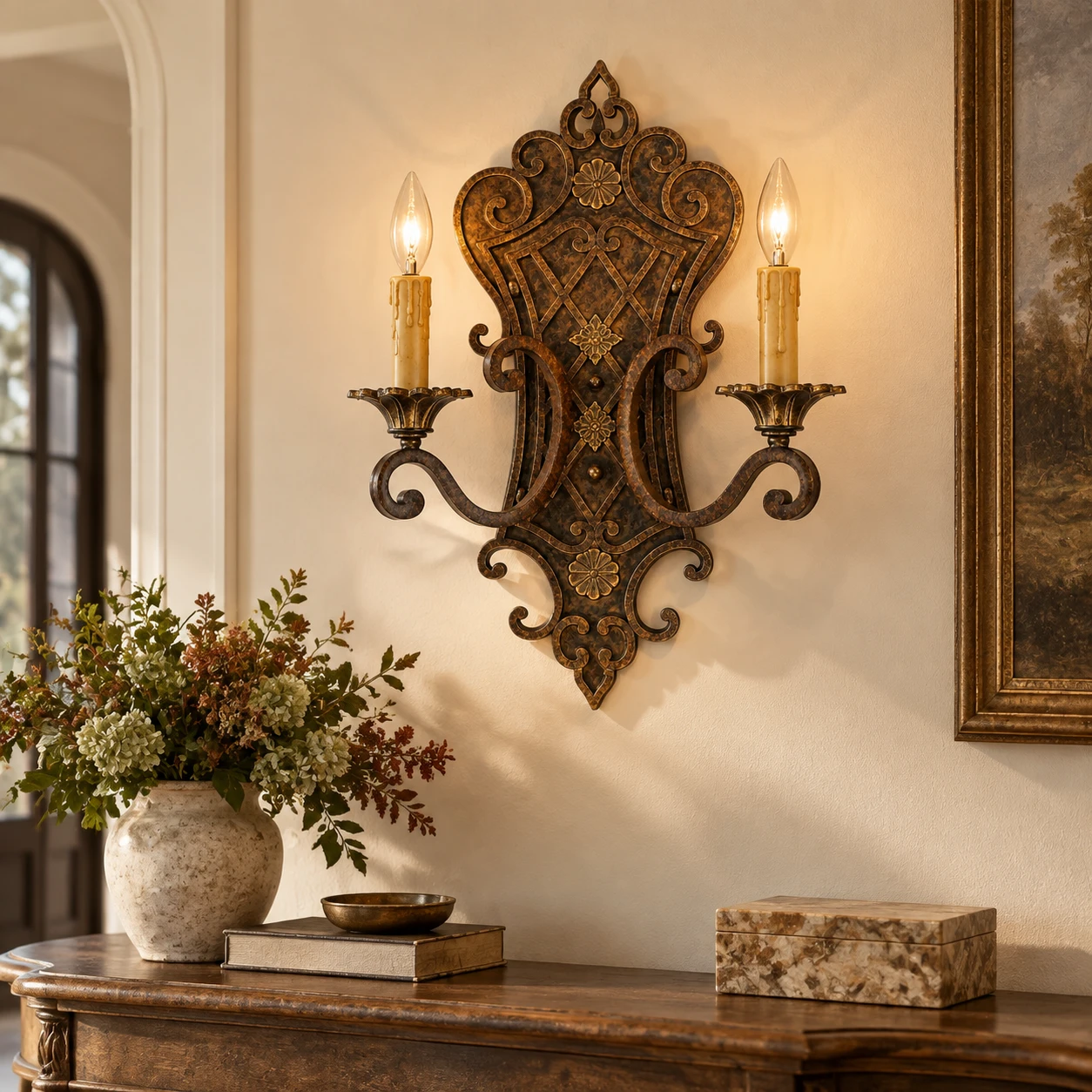 Elena French Decorative Iron Wall Sconce in a residential interior