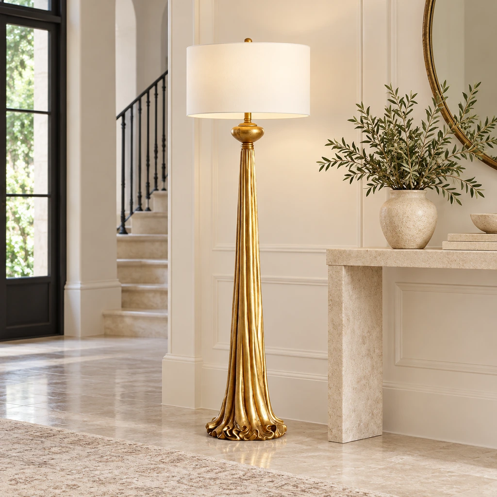 Carved gold floor lamp in a tall entry hall