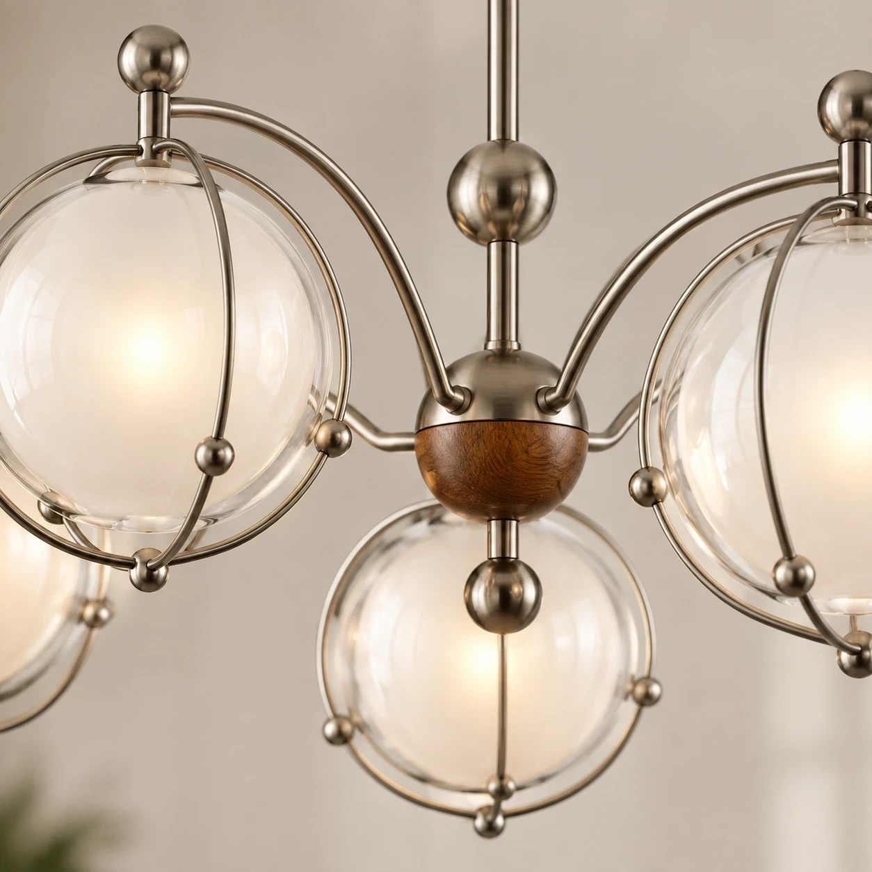 Close view of Wushlp Vintage Planet Glass Branch Chandelier planet and branch junction