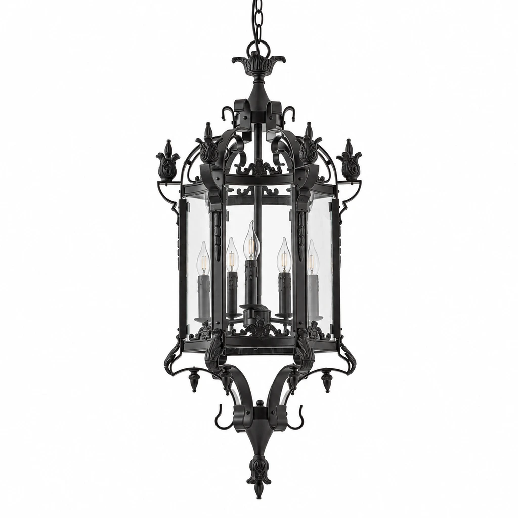 Celine small matte-black glass lantern chandelier on white