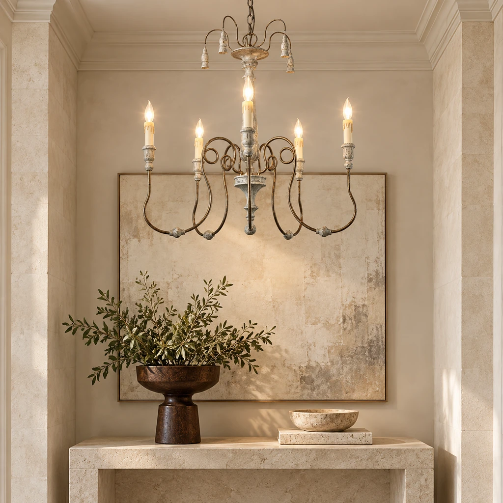 Lucien chandelier in a boutique hospitality corridor vignette