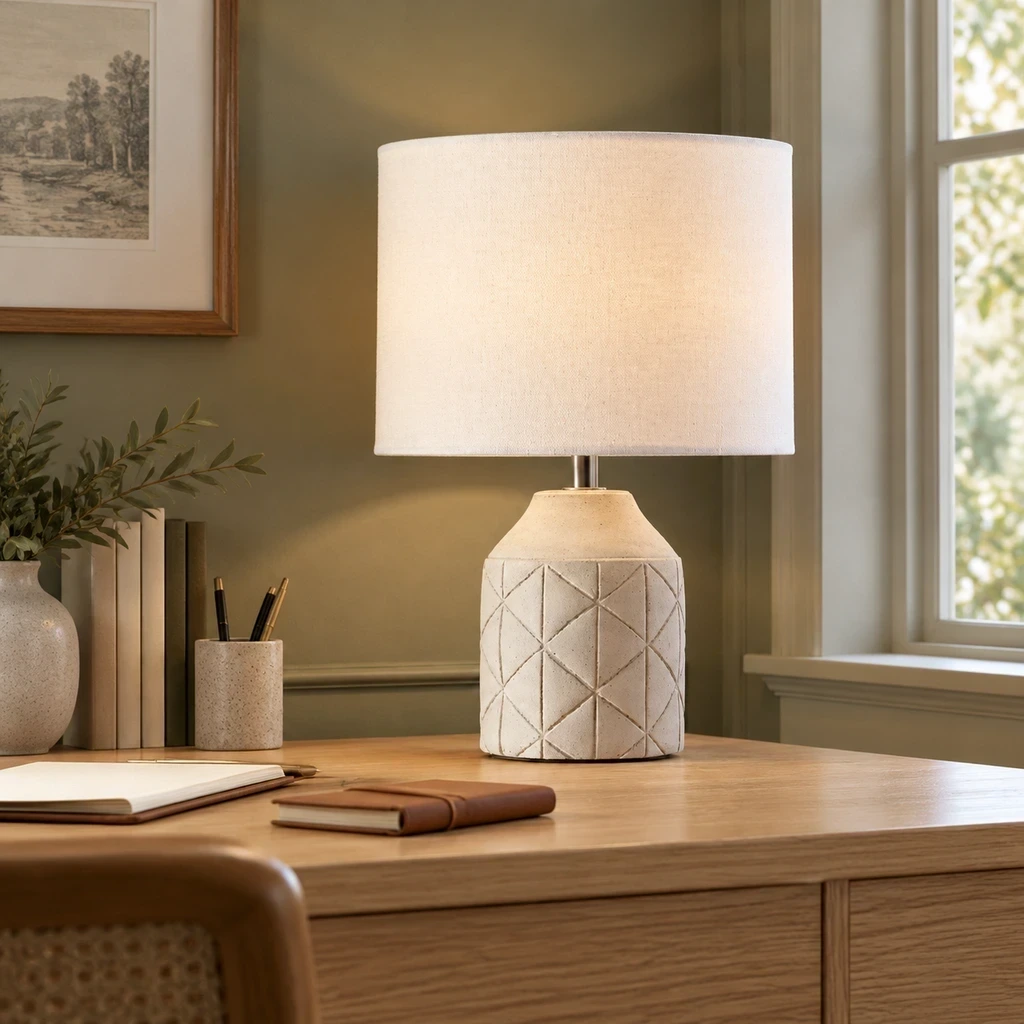 Merritt Geometric Carved Wood Table Lamp with White Drum Shade on a light oak study desk