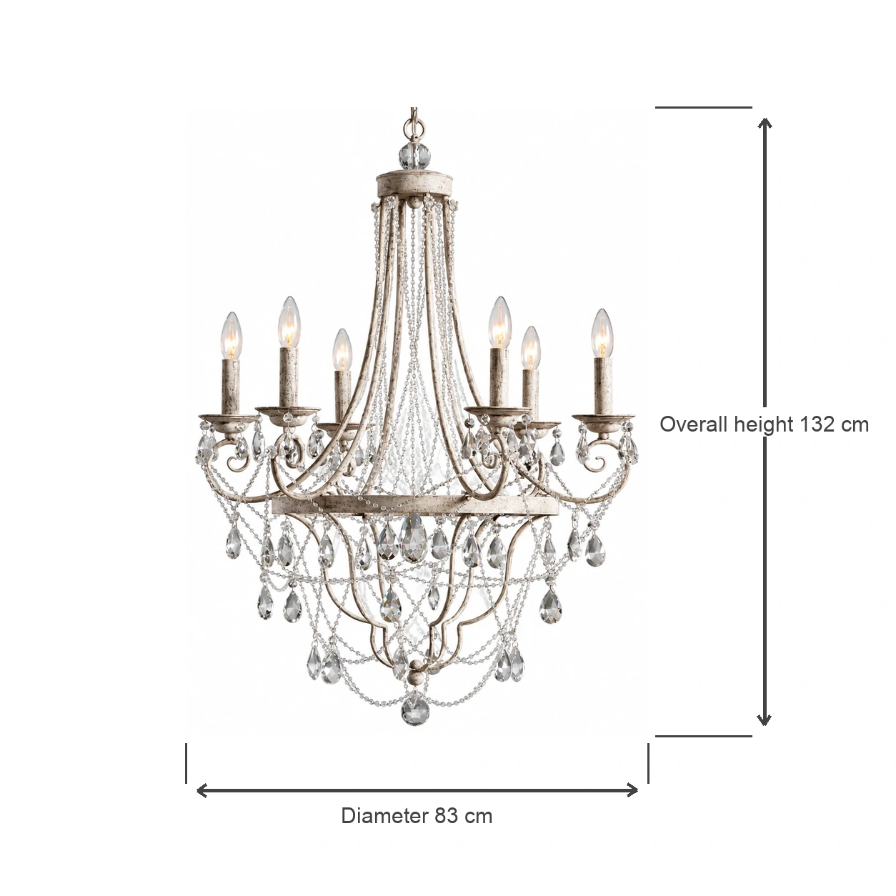 8-light chandelier dimensions: 83 cm diameter and 132 cm overall height