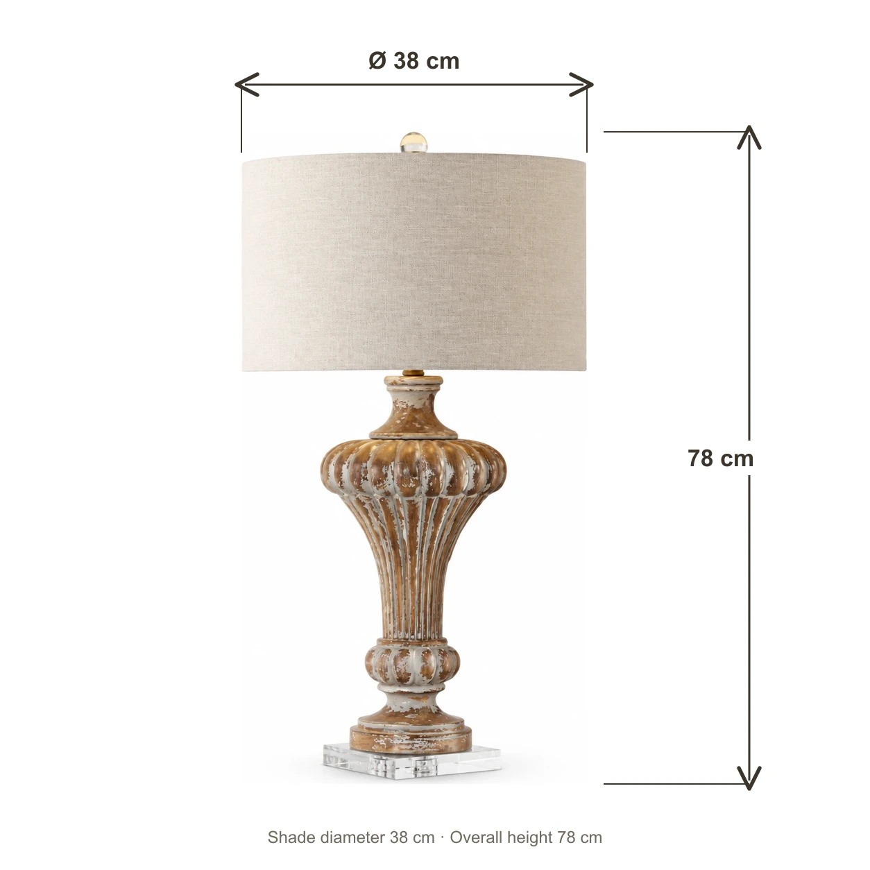 Aurelia table lamp dimensions, 38 cm shade diameter and 78 cm overall height