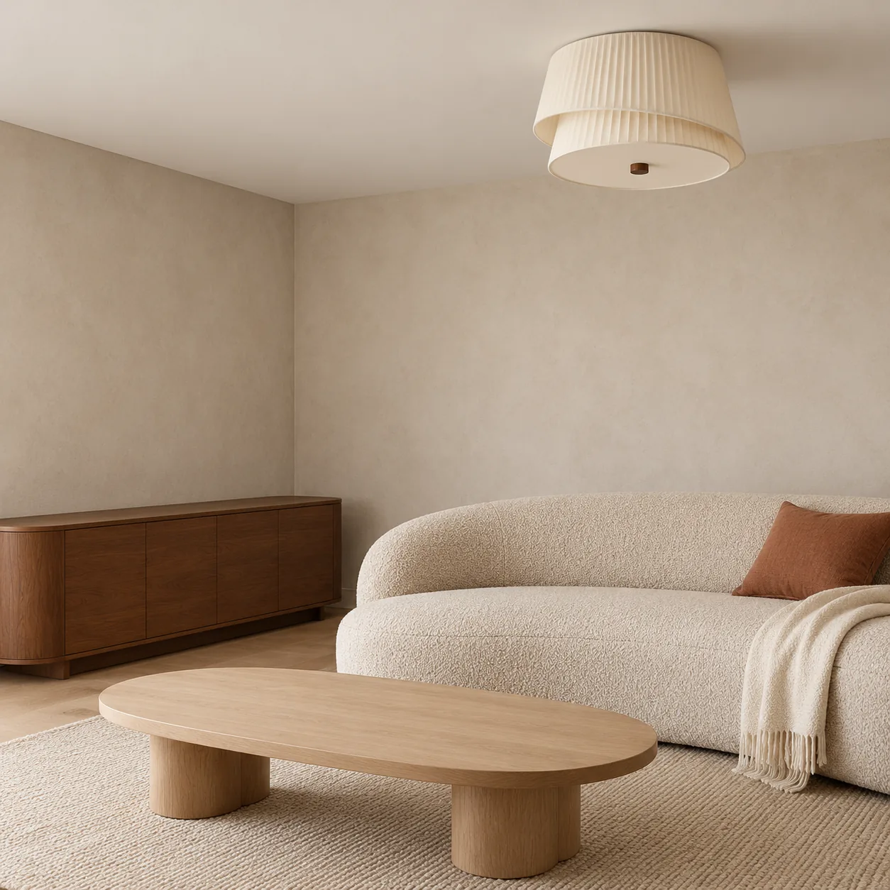 50 cm cream pleated fabric flush mount above a curved oatmeal sofa